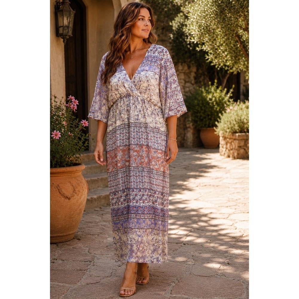 AUW Boho Maxi Dress Women's Size 14 Paisley Floral Empire Waist Festival GG21